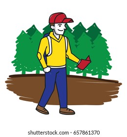 A young man walking in the park holding a map