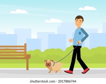 Young Man Walking Pet Dog on Leash Vector Illustration