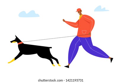 Young Man Walking with Playful Doberman Dog, Male Character Jogging with Home Pet, Morning Running Exercising, Domestic Animals Recreation, Sparetime Outdoors, Friends Cartoon Flat Vector Illustration