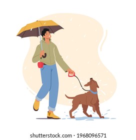 Young Man Walking with Playful Dog at Rainy Weather, Male Character with Umbrella Walk with Pet at Morning, Recreation with Domestic Animals, Outdoor Sparetime, Friendship. Cartoon Vector Illustration