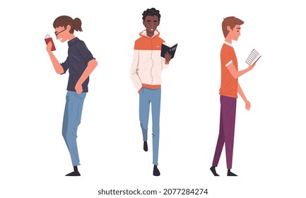 Young Man Walking and Reading Book Vector Set