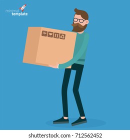 Young man walking with retail box. Flat design vector people different characters, styles and professions,  diverse acting poses shopping collection.