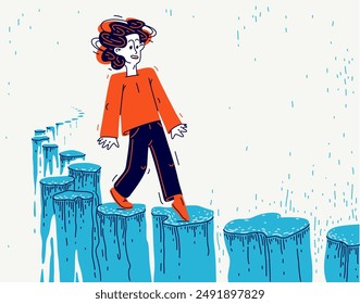 Young man walking a risky path, vector illustration of a guy walks over abyss, hard and dangerous life period concept.