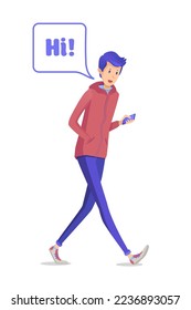 Young man walking to say Hi vector illustration. Cartoon isolated guy student holding phone in hand, happy conversation of geek with cellphone meeting friends on sidewalk, steps of boy teenager