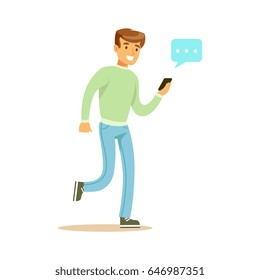 Young man walking and sending a message to someone using his smartphone colorful character vector Illustration