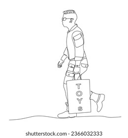 Young man walking with shopping bag with text "TOYs". Side view. Single line drawing. Black and white vector illustration in line art style.