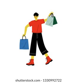 Young Man Walking with Shopping Bags with Purchases, Guy Purchasing, Seasonal Sale at Store, Mall or Shop Vector Illustration