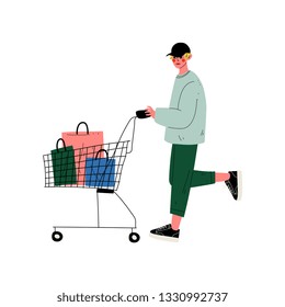 Young Man Walking with Shopping Cart, Guy Shopping at Store, Mall or Shop Vector Illustration