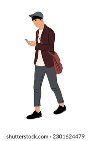 Young man walking side view. Handsome guy in smart casual outfit with phone. Stylish male character in modern street fashion look texting, chatting on mobile phone. Vector realistic illustration