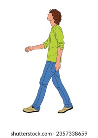 Der junge Mann geht zur Seite. Schöner Typ mit schlauem, lockerem Outfit. Modern Street Mode-Look. Vektorrealistische Illustration einzeln auf weißem Hintergrund
