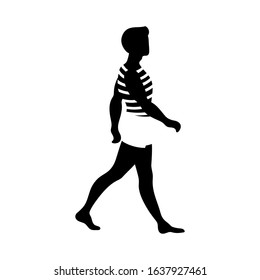Young man walking silhouette. Single person in home clothes. Vector illustration in black and white colors.