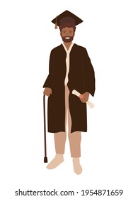 Young man with walking stick, student graduated from college, university, wearing academic mantle, mortar board and holding certificate.  Bearded black afro american male isolated on white background