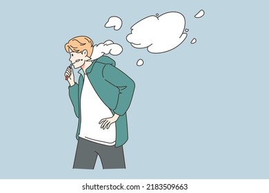 Joven caminando por la calle fumando. Los adolescentes disfrutan al aire libre. Mal hábito y cuidado de la salud. Ilustración vectorial. 