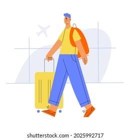 Der junge Mann geht mit Koffer und Rucksack am Flughafen spazieren. Cartoon Vektorgrafik des Flugkonzepts.