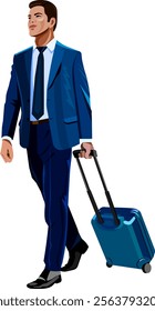 Young man walking with suitcase on wheels full length guy dressed in business dark blue suit with tie and white shirt illustration business travel vacation tourism Vector