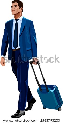 Young man walking with suitcase on wheels full length guy dressed in business dark blue suit with tie and white shirt illustration business travel vacation tourism Vector