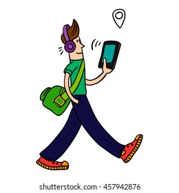 young man walking with tablet. Vector illustration
