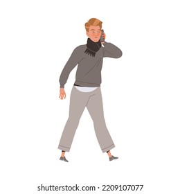 Young Man Walking and Talking with Smartphone Engaged in Phone Conversation Vector Illustration