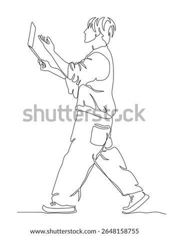 Young man walking and talking via laptop on the go. Side view. Continuous line drawing. Black and white vector illustration in line art style.
