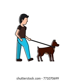young man walking with their dog pet