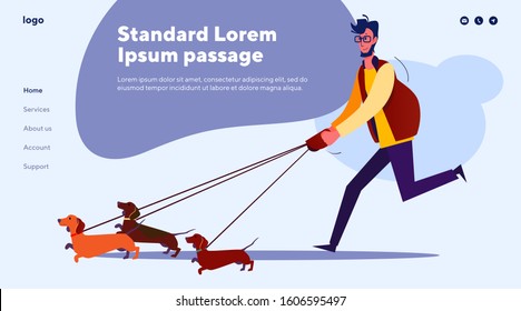Young man walking with three dogs. Animal, outdoors, responsibility flat vector illustration. Pet owning and care concept for banner, website design or landing web page.