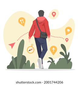 young man walking to travel. with a destination icon to go. airport, shop, restaurant and more. flat icon vector illustration isolated on a white background. for travel, vacation, activities and other