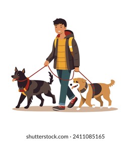 Joven caminando dos perros, uno negro y otro marrón, ambos con correas. El propietario de una mascota con expresión feliz disfruta de caminar con un perro. Actividad diaria al aire libre e ilustración vectorial de cuidado animal.