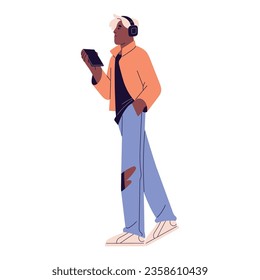 Young man walking in urban outfit. Boy with headphones listening music or voice messages. Person holds smartphone in hand and calling someone. Flat isolated vector illustration on white background