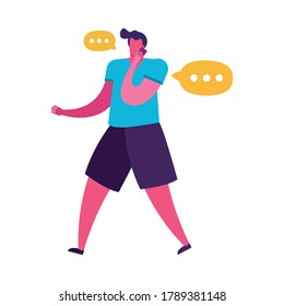 young man walking using smartphone character vector illustration design