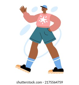 Young man walking and waving hand. Male full-length character greeting. Cheerful guy wearing trendy clothes. Sweatshirt, shorts, baseball cap. Flat hand drawn cartoon vector illustration