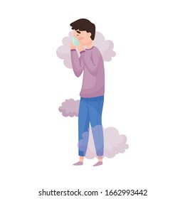 Young Man Walking Wearing Safety Mask Because of Bad Air and Dust Vector Illustration