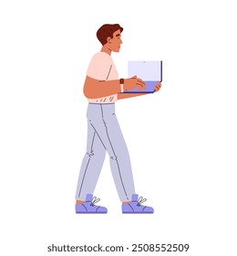 Joven caminando mientras usa una computadora portátil. Vestimenta informal con una camiseta color melocotón, pantalones azul claro y zapatillas azules. Ilustración vectorial del estilo de vida moderno y uso de la tecnología.