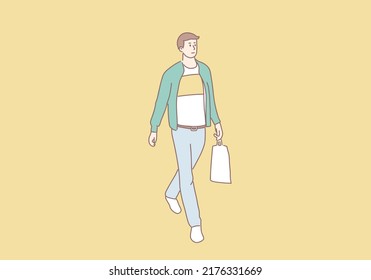 Young man walking with white blank plastic vector cartoon
