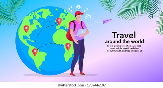 The young man walks alone on a route around the world. Tourism and vacation theme. Cartoon style. Vector illustration.