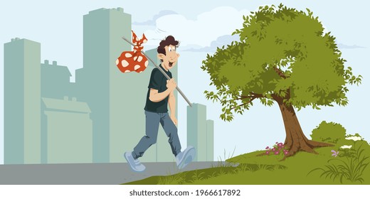 Young man walks from city to nature. Illustration concept for mobile website and internet development.