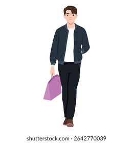 Young man walks confidently while holding a pink shopping bag, dressed in casual yet stylish outfit. Flat vector illustration isolated on white background