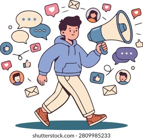 A young man walks confidently while holding a megaphone, surrounded by social media icons and speech bubbles, symbolizing communication and engagement.