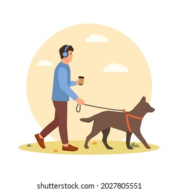 A young man walks the dog. Coffee in hand. Vector illustration.