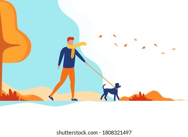 Un joven camina con un perro por la calle. En otoño caen hojas y cielo azul despejado. Ilustración vectorial de estilo plano sobre fondo blanco.