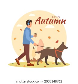 A young man walks the dog. Hello autumn.Coffee in hand. Vector illustration.