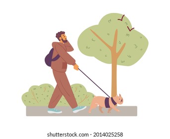 Un joven camina con un perro corredizo en el parque en verano. Dibujo vectorial plano ilustrativo del carácter y la rutina diaria. Concepto de estilo de vida.