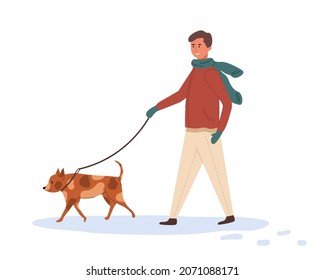 A young man walks with a dog on a leash in winter time. Happy owner and cute pet spend time together outdoors. Cartoon flat vector illustration isolated on white background