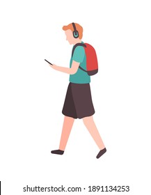 Young man walks down the street and listens to music. Modern young happy cartoon male character with backpack, headphones and smartphone walking in city, leisure time flat vector isolated illustration