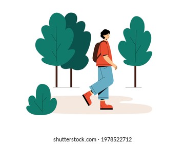 Young man walks in the forest. Guy enjoying summer nature. Vector flat illustration.