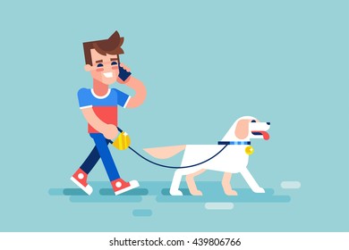 Young man walks his dog and talking on the phone. Modern vector illustration in flat style.