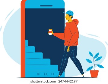 A young man walks log in into a mobile phone as door while holding a cup of coffee