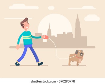 Young man walks in the park with his dog. Vector illustration in a flat style