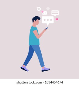Un joven camina y lee o escribe un mensaje en un teléfono móvil. Ilustración de vector plana colorida