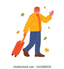 A young man walks with a suitcase and waves his hand. Red-haired guy. Autumn leaves. Character isolated on a white background. Vector illustration in hand drawn style.