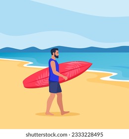 Young man walks with a surfboard towards the sea. Vector illustration